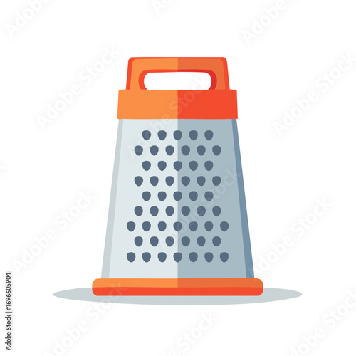 A kitchen grater, with an orange rim and handle, stands ready for its culinary task