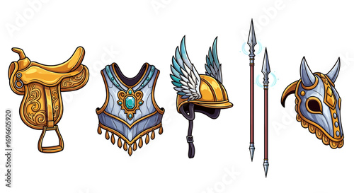 Assorted fantasy game items including armour, saddle, weapons, and mask.