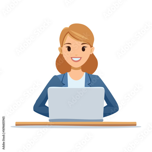 Smiling Businesswoman Working on Laptop at Desk