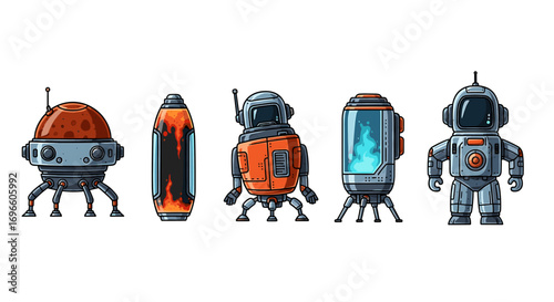 Array of Futuristic Space Robots and Capsules with White Background