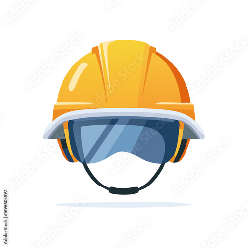 Construction helmet with visor. Protective headgear, safety equipment, and illustration.