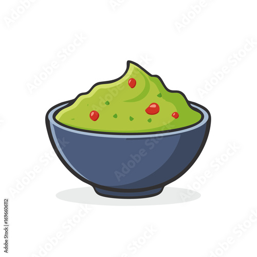 Bowl filled with green guacamole and red toppings illustration showcasing a traditional Mexican dip cuisine presentation