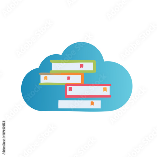 Stack of colorful books with bookmarks resting inside a blue gradient cloud illustration