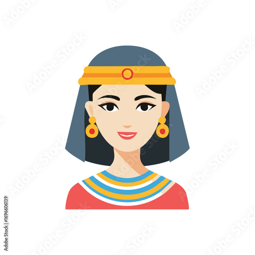 Egyptian Woman Wearing Traditional Headdress and Jewelry Portrait Flat Illustration