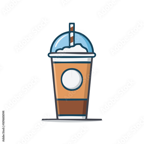 Iced Coffee Drink with Creamy Topping and Straw in Container Cartoon