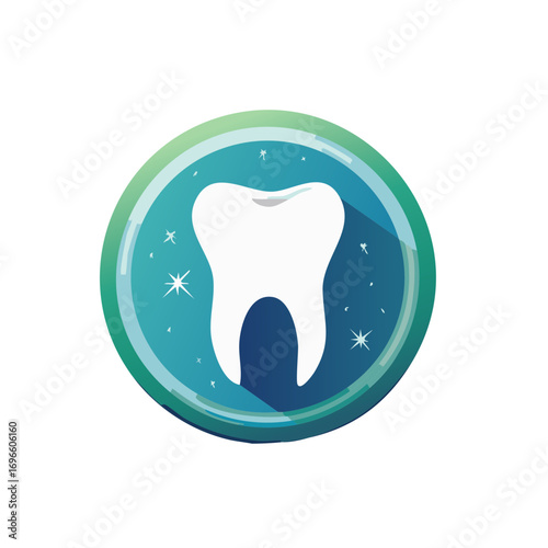 Healthy Shiny Tooth within Teal Circle Sparkling with Cleanliness for Dentistry or Oral Care Concept