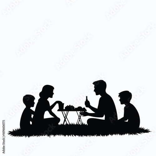 Family barbecue silhouette with food and drinks on a table