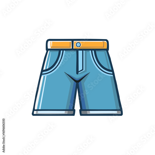 Cartoon Blue Jean Shorts with Yellow Belt and Button Fashion Illustration