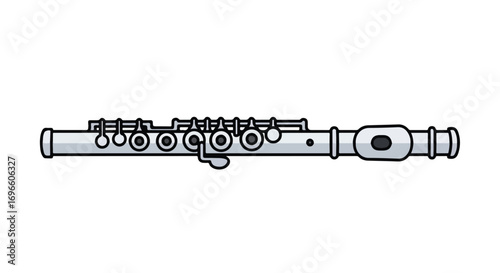 Illustration of a concert flute, highlighting its key mechanism and sleek design against a clean background