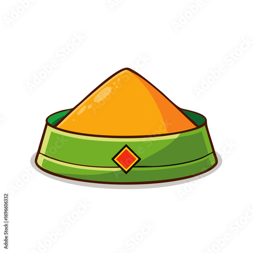 Pile of vibrant yellow powder in a decorative green bowl with red diamond emblem