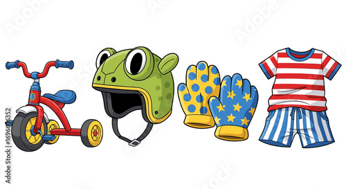 Cartoon Child's Tricycle and Outfit Isolated on a White Background