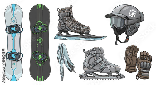 Winter Sports Equipment: Snowboards, Ice Skates, Helmet, and Gloves Collection