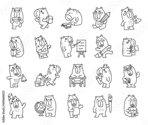 Capybara school character set in outline line art with different emotions and poses including reading, studying, drawing, painting, teaching, knowledge, learning, education, student, science