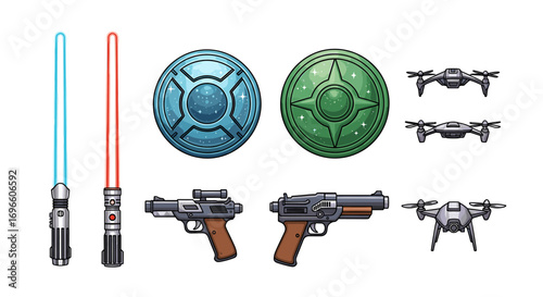 Assortment of futuristic weaponry and drones on a bright white background