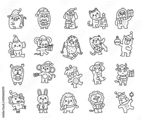Christmas animal character set in outline line art showing many different emotions and funny poses with holiday, festive mood, winter celebration and gift giving activities