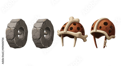 Cartoon Stone Wheels and Tribal Helmets: Inventive Game Assets