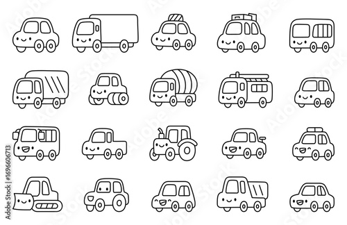 Transport vehicles set showing smiling cute automobile kawaii characters including truck