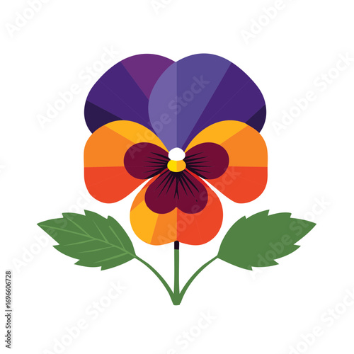 Stylized Pansy Flower Illustration with Violet Purple and Orange Petals and Green Leaves