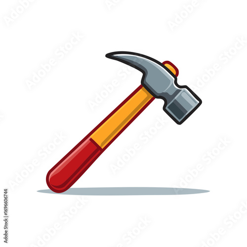 Cartoon illustration of a hammer with red and yellow handle for construction work