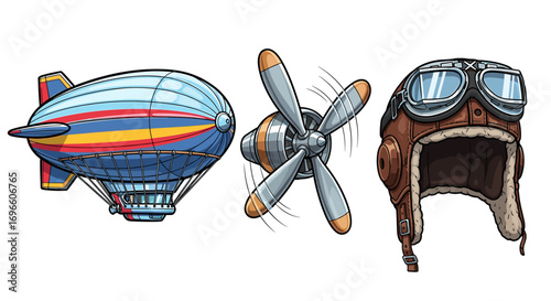 Vintage Aviation Elements: A Colorful Blimp, Propeller, and Aviator Hat