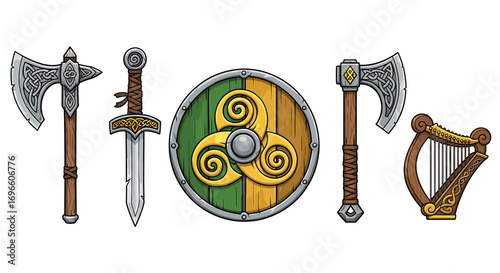 Collection of Celtic symbols, including a shield, sword, axe and harp