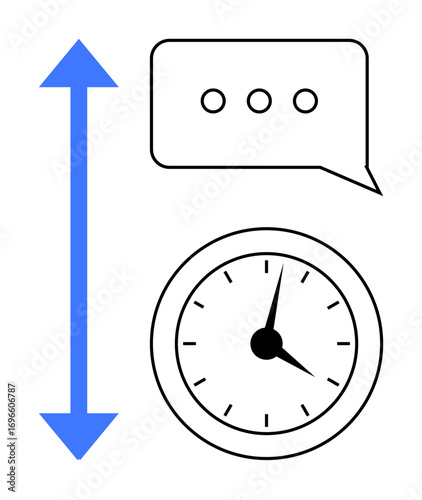 Clock, speech bubble with three dots, vertical blue arrow representing time management, efficiency, communication, workflow, productivity, prioritization task planning. Ideal for teamwork business