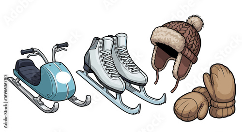 Winter Fun Illustration Featuring Sled, Skates, Hat, and Mittens