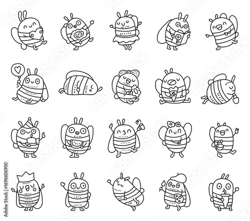 Bee character set in outline line art
