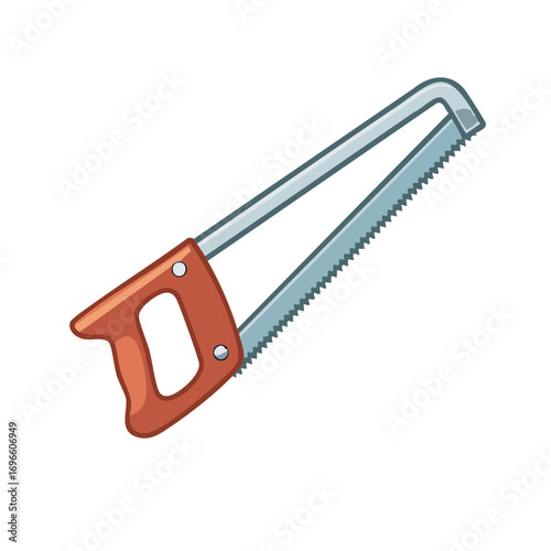 Close up illustration of a brown handled hacksaw with a silvery blade for carpentry and home improvement