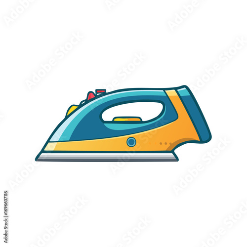 Modern steam iron appliance with blue and yellow casing and chrome soleplate for garment care