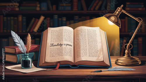 A vintage study scene with open book, inkwell, quill pens, and a lamp illuminating knowledge is power
