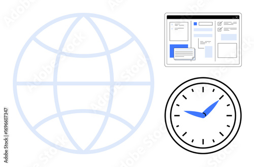 Globe representing global reach, web browser interface highlighting online interaction, analog clock signifying time management. Ideal for technology, productivity, digital communication, networking