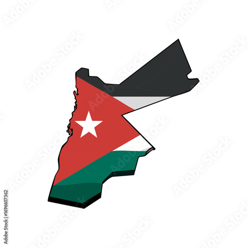 Jordanian map outline illustrated with national flag colors and star symbol of the Middle Eastern country