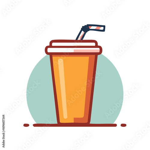 Drink in a disposable cup with a straw is placed against a circular background
