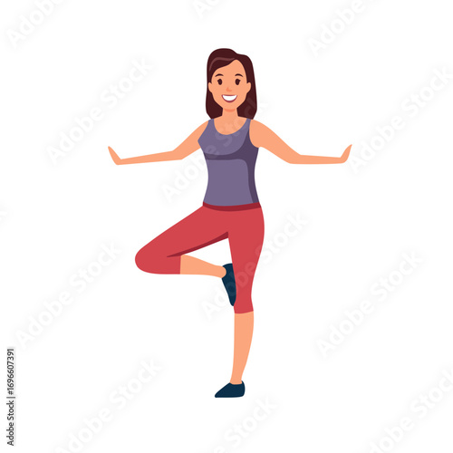 Smiling cartoon woman balancing in a yoga tree pose for fitness and wellness
