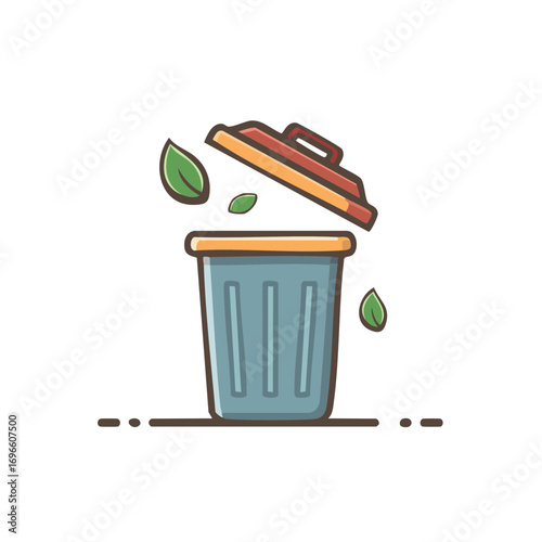 Trash Can with Lid Open and Green Leaves Floating around It, Representing Recycling and Eco-Friendliness