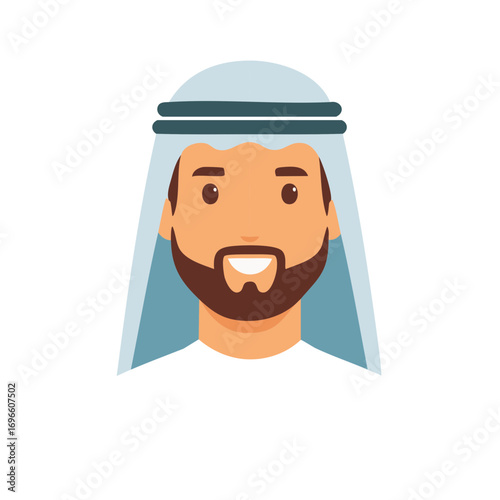 Illustrated smiling man wearing traditional Middle Eastern headdress with beard
