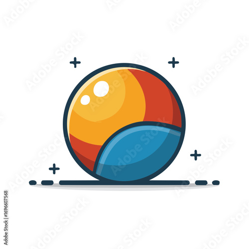Illustration of abstract ball with segments in yellow, red, and blue colors with plus signs