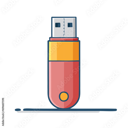 Illustration of USB flash drive for computer data storage, featuring a red and yellow design with a compact, portable form for file transfer.
