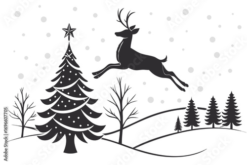 Black and white silhouette illustration of a leaping reindeer over a snowy winter landscape with a decorated Christmas tree and falling snow