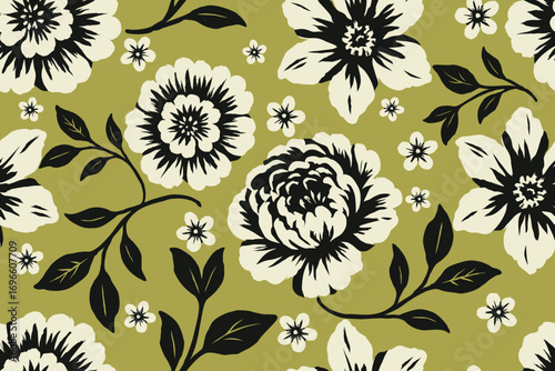 Seamless floral pattern with black and white flowers on olive green background, elegant botanical vintage style, textile fabric design for fashion, wallpaper, interior decor, and packaging print.