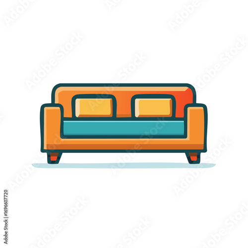 Colorful two seater sofa vector illustration with orange frame blue seat and yellow cushions inviting comfort