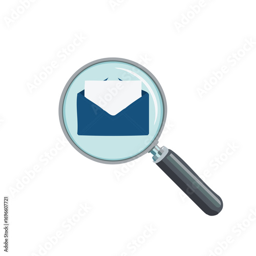 Magnifying glass examining an open blue envelope with a white paper inside, symbolizing email analysis or investigation