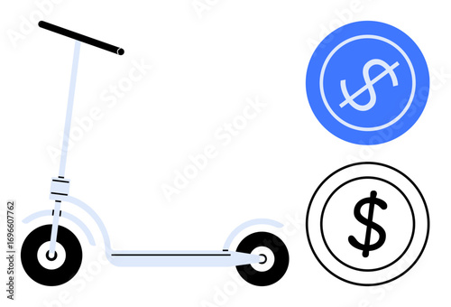 Minimalist electric scooter and two currency circle icons. Ideal for urban transit, micro-mobility, affordability, ride-sharing, environmental solutions, budgeting, simple flat metaphor