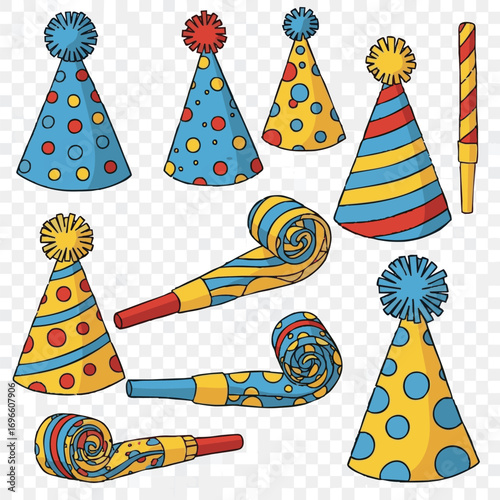 Hand drawn birthday party hats and doodle party blowers horns set vector illustration isolated on transparent background. Childish, kids design elements with colorful dots and stripes.