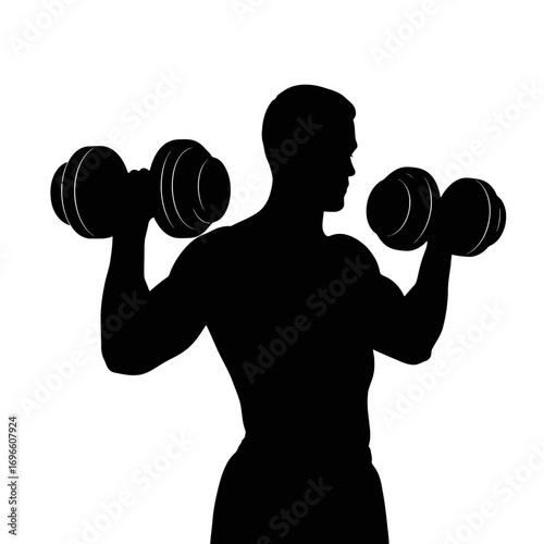 Man lifting dumbbells in silhouette isolated on white background