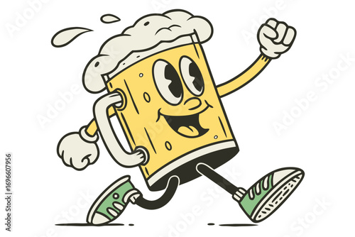 Energetic and joyful cartoon beer mug character illustrated in a classic retro animation style, jogging happily with a cheerful expression on its face