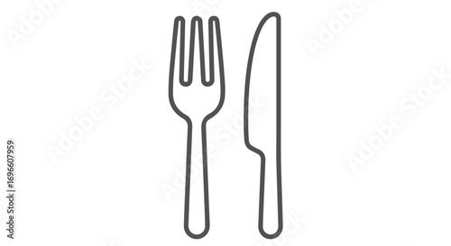 Stylized cutlery illustration of a fork and knife dining set, designed with a simple line art drawing concept against an isolated white background