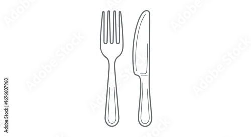 Elegant minimalist line art illustration featuring a fork and knife set against a plain white backdrop suitable for dining and restaurant themes