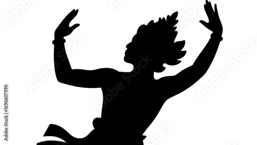 Artistic silhouette of a Balinese dancer with raised arms in graceful movement, symbolizing Indonesian cultural heritage
